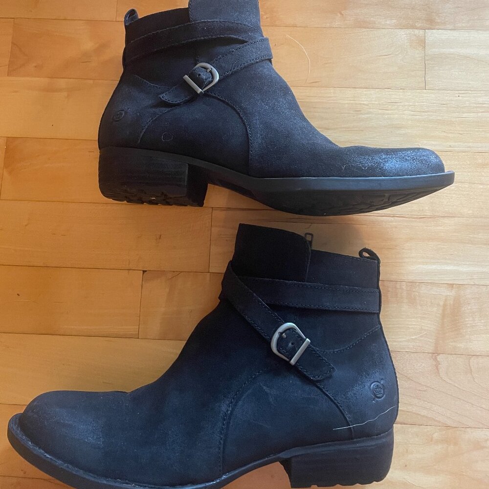 9.5 Black Suede Ankle Boots with Buckle Strap